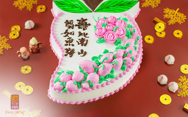 Swee Heng modern longevity peach cake design - harmony shou tao cake