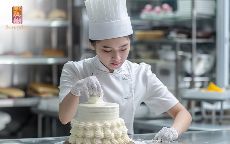 cake artist decorating wedding cake