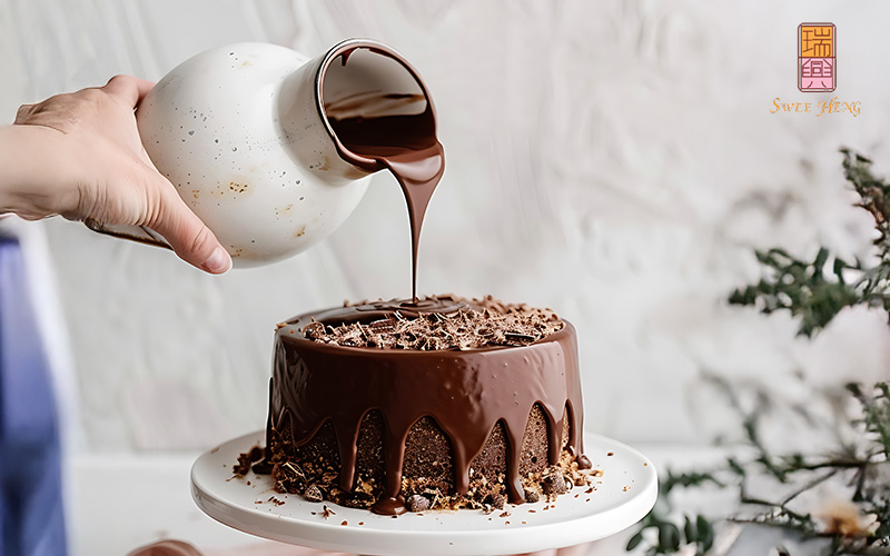 Pouring Chocolate Ganache Frosting on a Cake